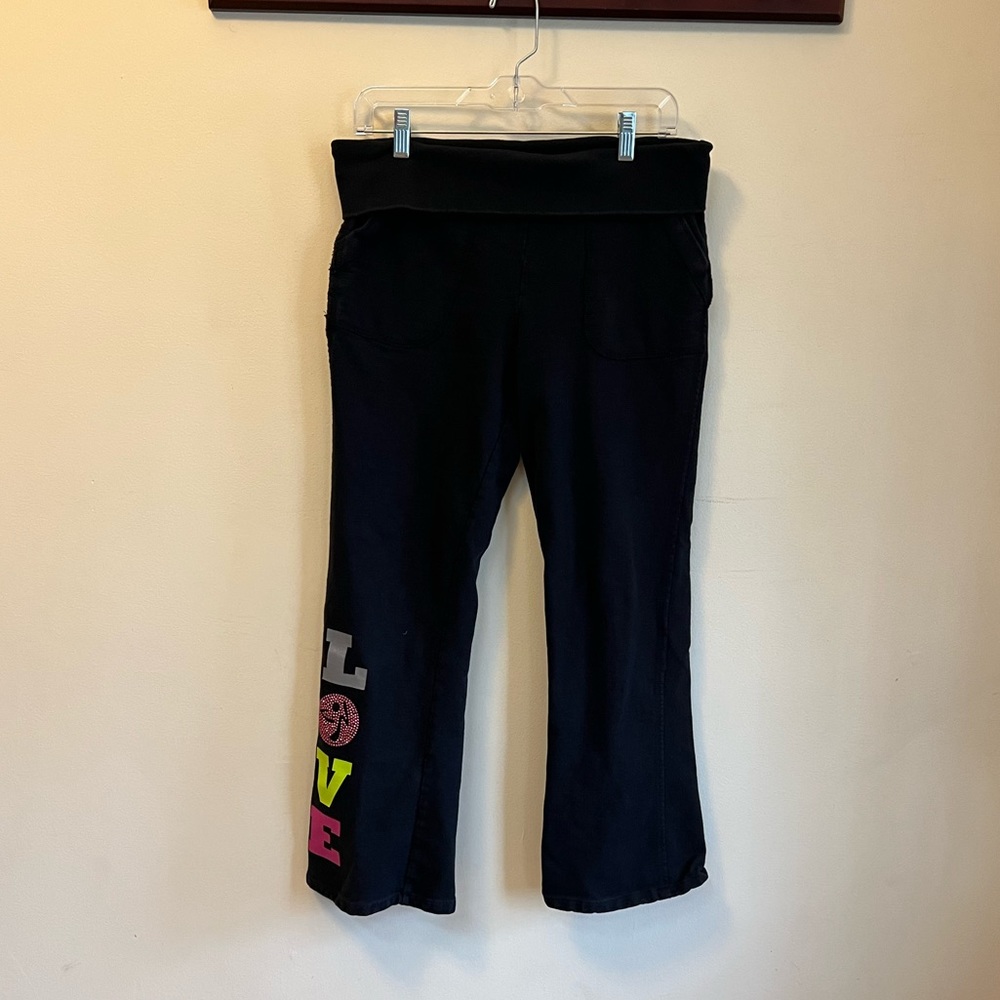 VINTAGE/RARE Zumba LOVE Boot Cut Wide Leg Sweatpants Studded Black Size M